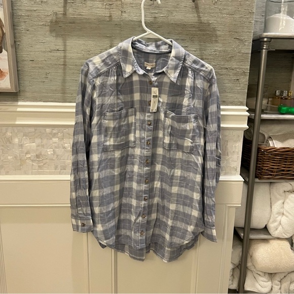 NWT new medium Anthropologie pilcro Hadley button down shirt blue plaid flannel - Picture 3 of 17